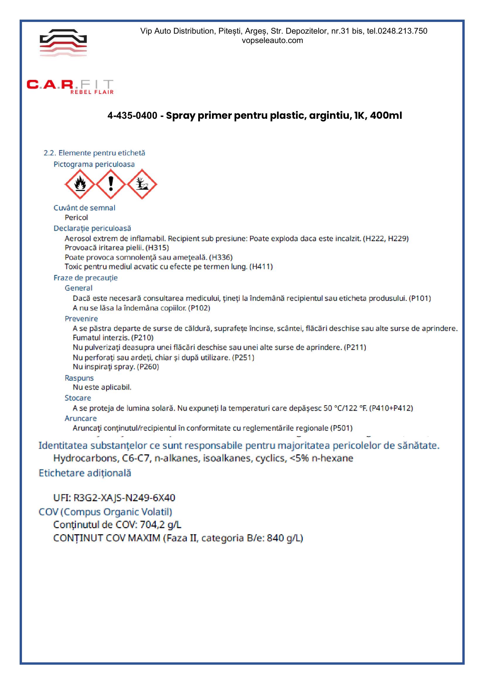 Spray primer pentru plastic, argintiu, 1K, 400ml,  C.A.R. FIT